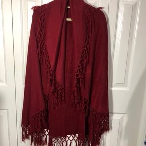 Wine fringed cardigan/poncho OS